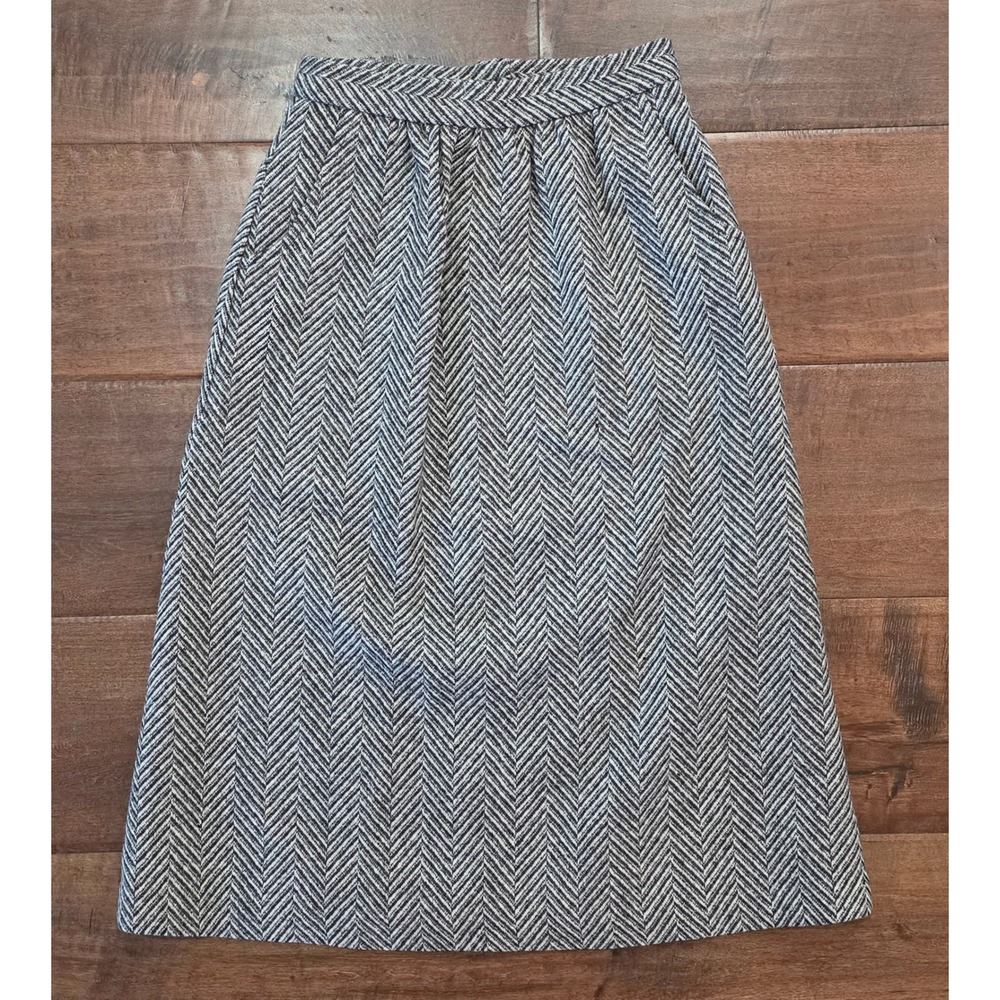 Vtg Rare Dark Academia Corpore 70s Herringbone A-Line Midi Skirt Black Pleated